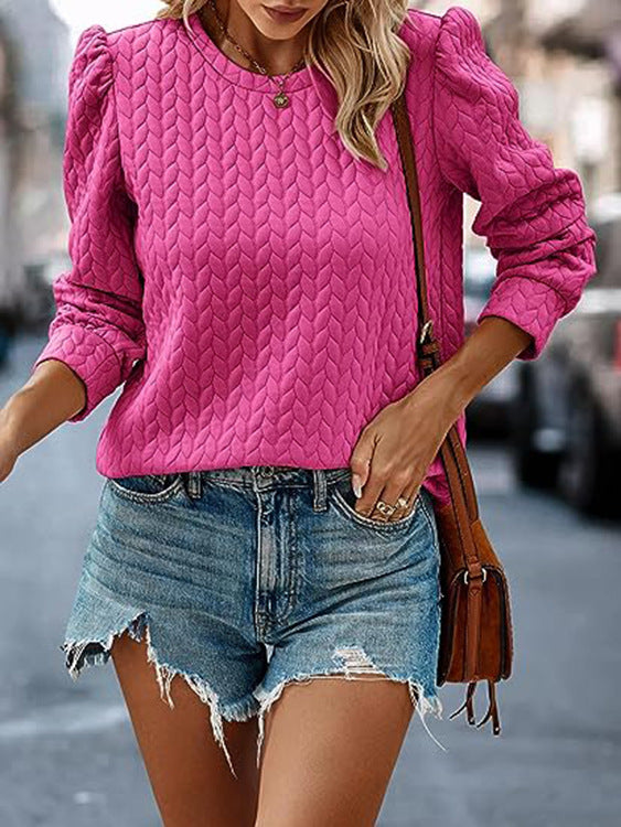 Twist Pattern Sweatshirt Round Neck Bubble Long Sleeve Top